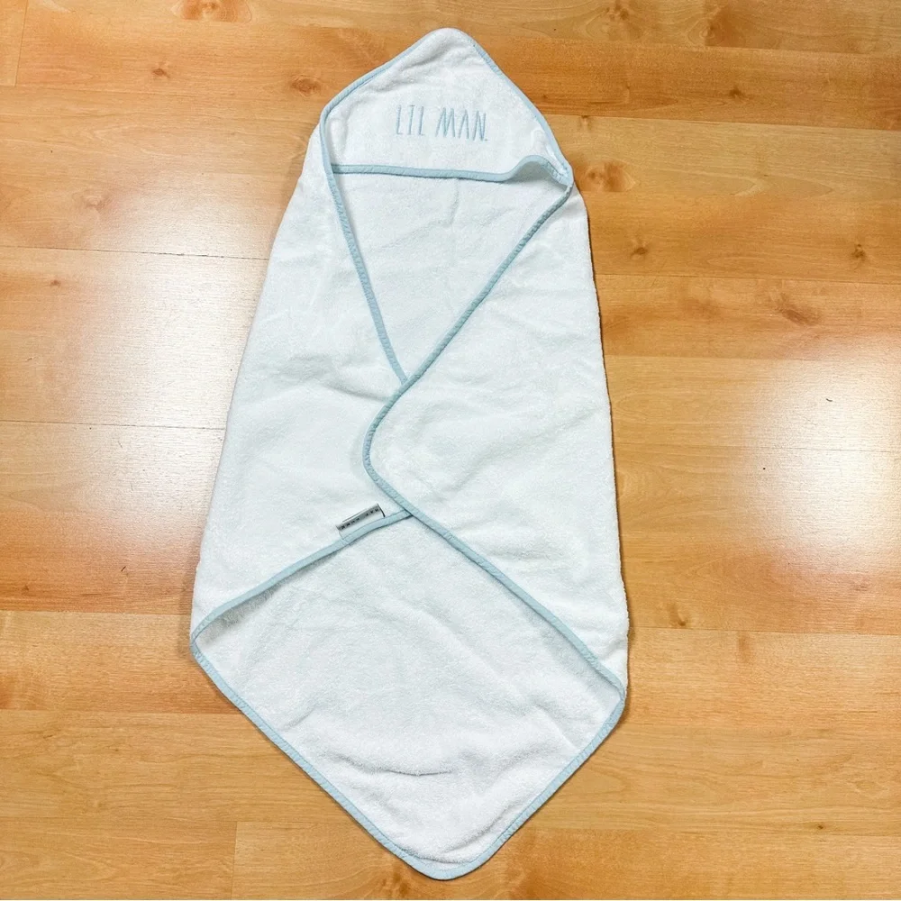 Rae Dunn White & Light Blue “Lil Man” Terrycloth Hooded Towel NWOT